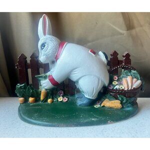 White Rabbit Cast Iron Door Stop With Fence & Basket Hand-Painted Vintage